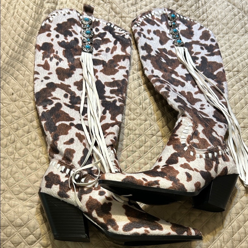Cow Print Heeled Boots with Fringe